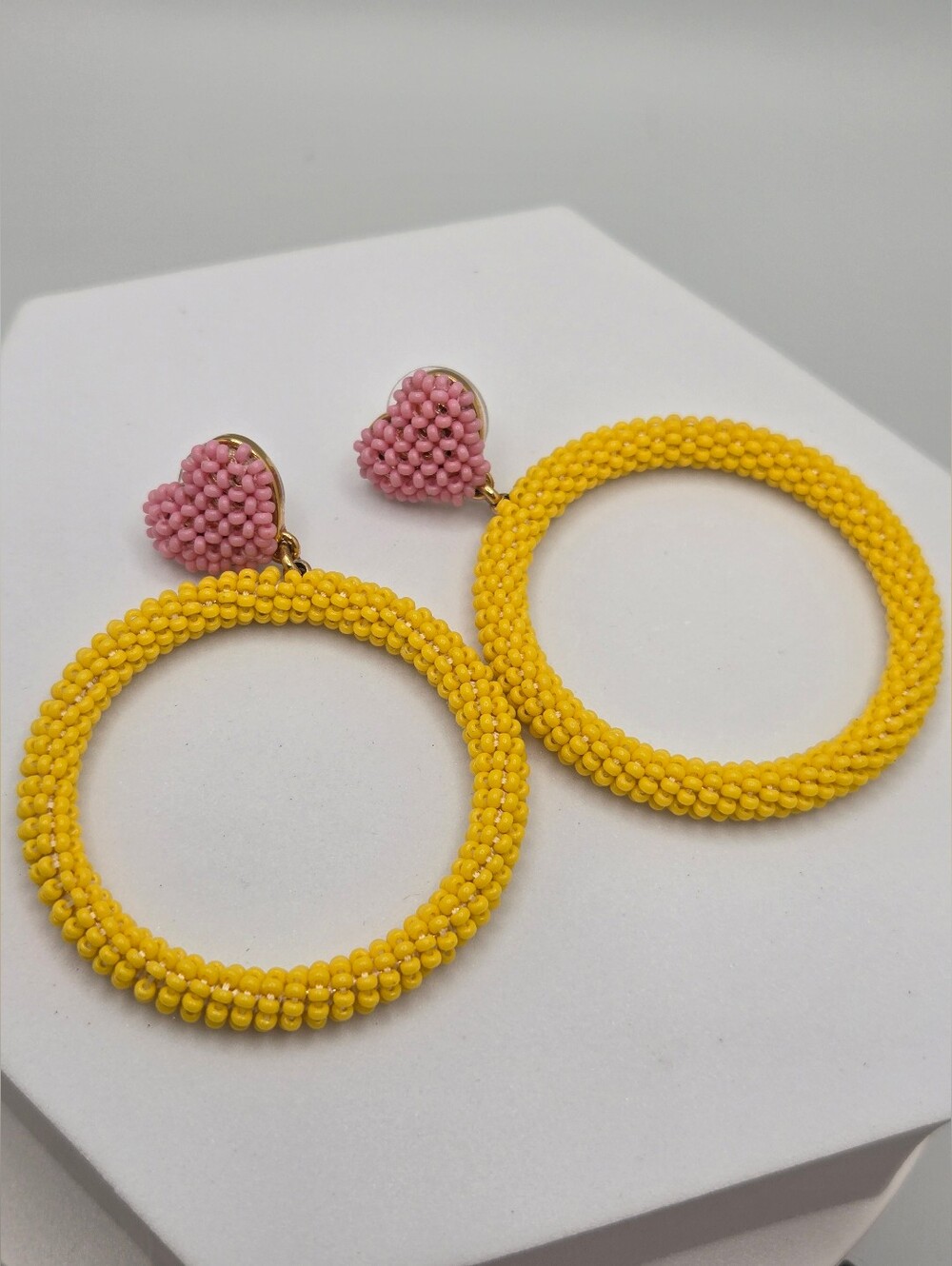 Alison Lou Beaded Hoop Earrings Pink Heart Yellow Hoops 2.5" for J.Crew
